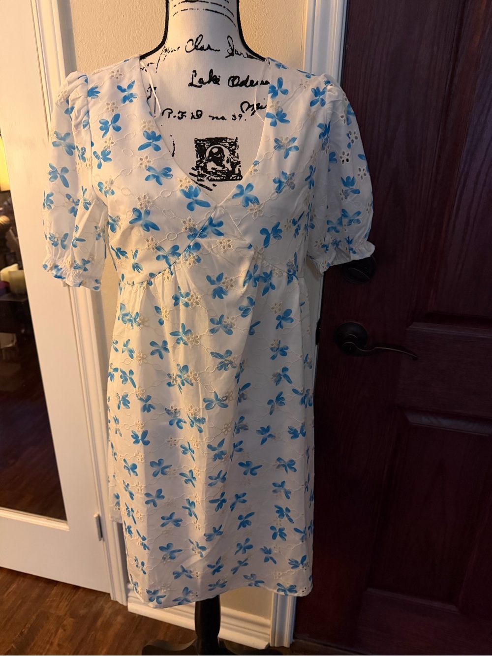 White Dress with Blue Floral Embroidery